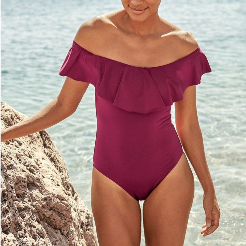 Trina Turk Off-the-Shoulder Bandeau One-Piece Swimsuit in Wine - Size 8